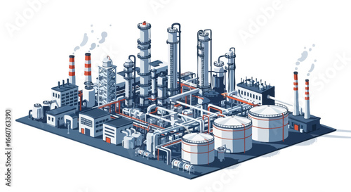 Isometric illustration depicting industrial manufacturing complex with refinery and storage facilities, highlighting complex engineering and