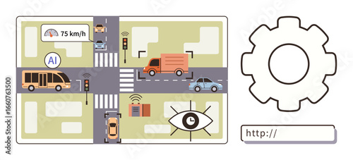 Automated vehicles monitored by AI at an urban intersection with sensors, cameras, and GPS integration. Ideal for technology, automation, smart city, traffic management, AI systems, data processing