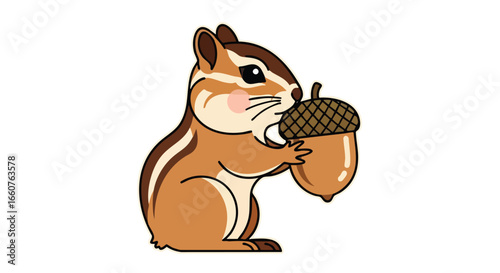 Charming illustration of a cartoon chipmunk holding a freshly gathered acorn, isolated on a pristine white background, perfect for children