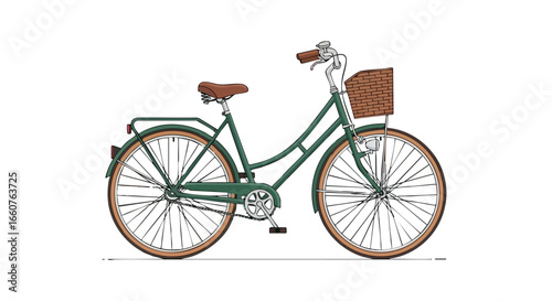 Vintage-Inspired Bicycle Illustration: A charming green bicycle with a basket for leisurely rides, exuding nostalgia and simplicity in design