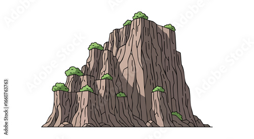 Illustration of a stylized mountain range with small green bushes adorning the multiple rocky outcroppings against a stark white background