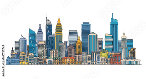Watercolor cityscape with diverse architecture, showcasing urban vibrancy and architectural styles
