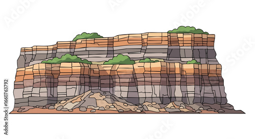 Cartoon Illustration of a Layered Cliff Formation with Greenery Illustrating Geological Processes and Landscape Features