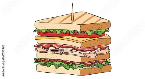 Illustrative depiction of a towering club sandwich featuring layers of fresh ingredients and textured bread, held together by a toothpick