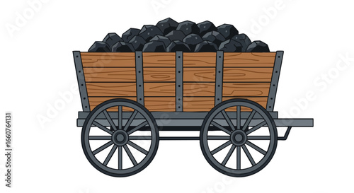 Illustration depicting a vintage wooden coal mining cart heavily loaded with glistening black coal rocks on a plain white background