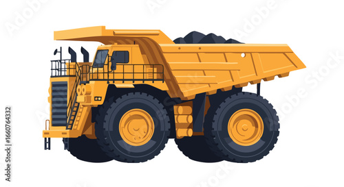 Detailed vector illustration of a yellow mining truck carrying a load of coal on a white background depicting industrial strength and heavy machinery