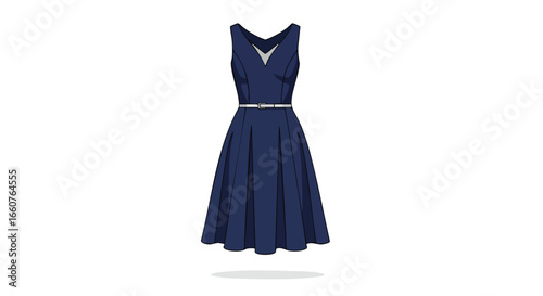 Sophisticated Navy Blue Dress with Silver Belt on a White Backdrop Fashion Apparel Depiction in Vector Illustration Design