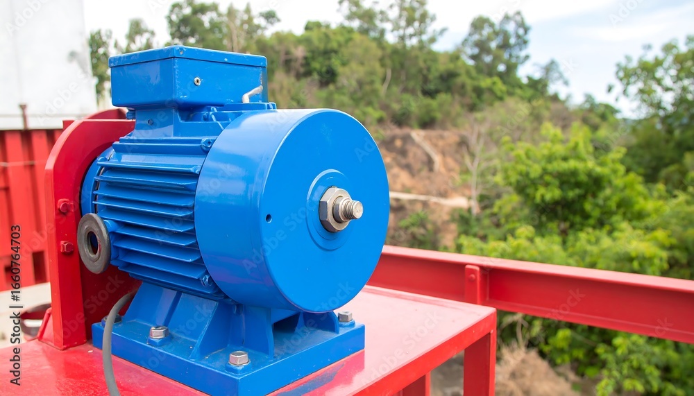 Industrial blue electric motor on red metal platform Industrial blue electric motor on red metal platform