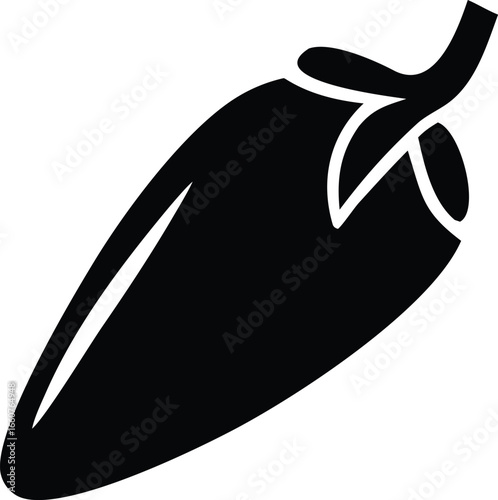 Simple black silhouette of a jalapeno pepper with stem and leaf details for culinary and food-related designs