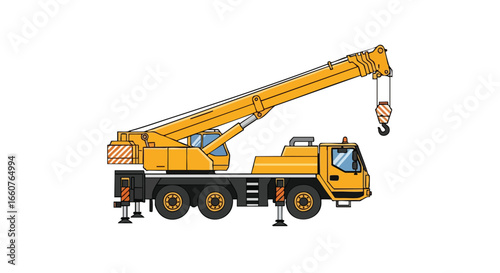 Detailed vector illustration showcasing a heavy-duty mobile crane, emphasizing machinery and industry, conveying strength and engineering prowess