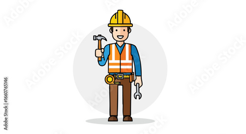 Illustration of a happy construction worker holding a hammer, wearing a safety vest and helmet standing in front of a gray circle backdrop