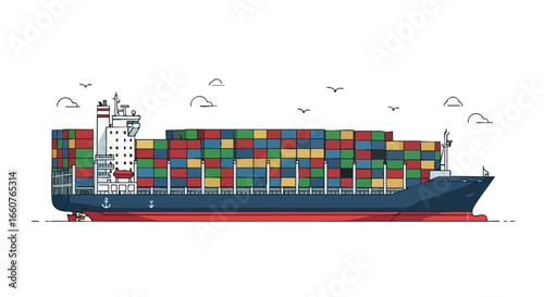 Stylized cargo ship illustration showcasing global trade and transportation networks on the ocean with birds and clouds in the sky