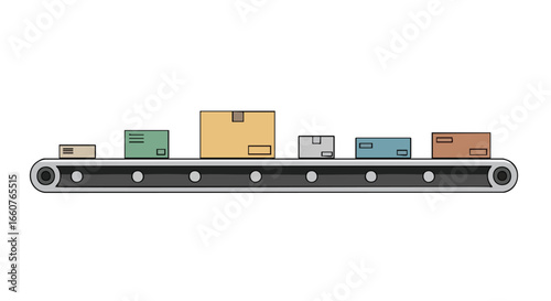 Animated Conveyor Belt Illustration Showing Boxes of Varied Sizes in Transit Orderly Automated Dispatch System