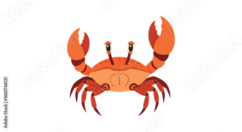 Whimsical crab illustration with raised claws isolated on a white background. A fun aquatic cartoon creature with a cute facial expression and bold