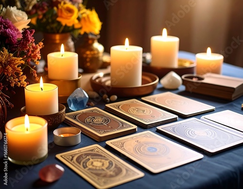 Tarot cards reading with candles, and mystic.