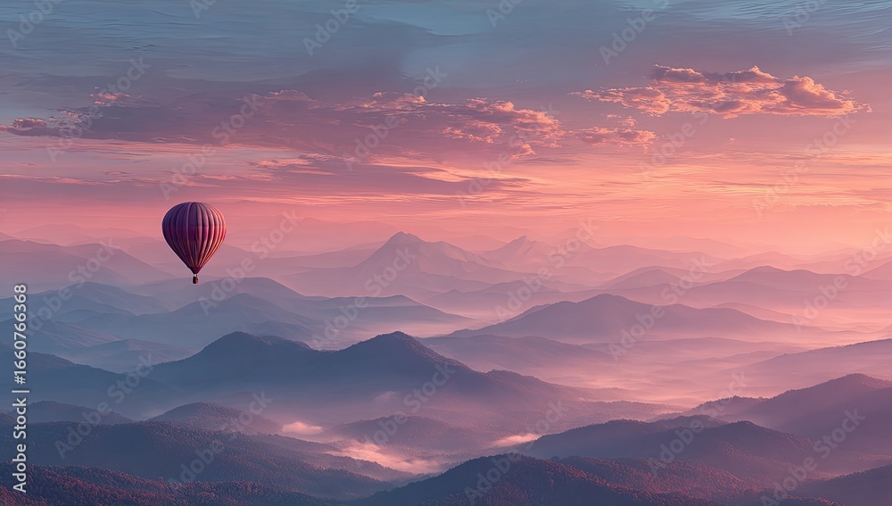 Fototapeta premium Scenic hot air balloon above misty mountain range at sunset