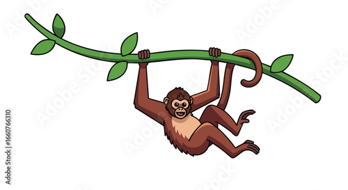 Animated monkey character hanging from a vibrant green vine in a playful jungle illustration that evokes fun and adventure in tropical landscapes