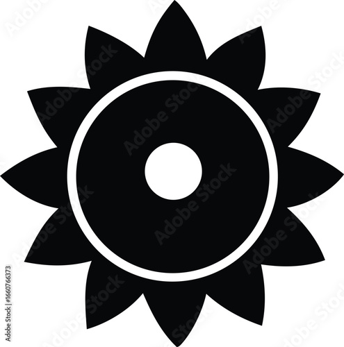Abstract geometric flower symbol featuring concentric circles and petal shapes in bold black and white for creative design projects