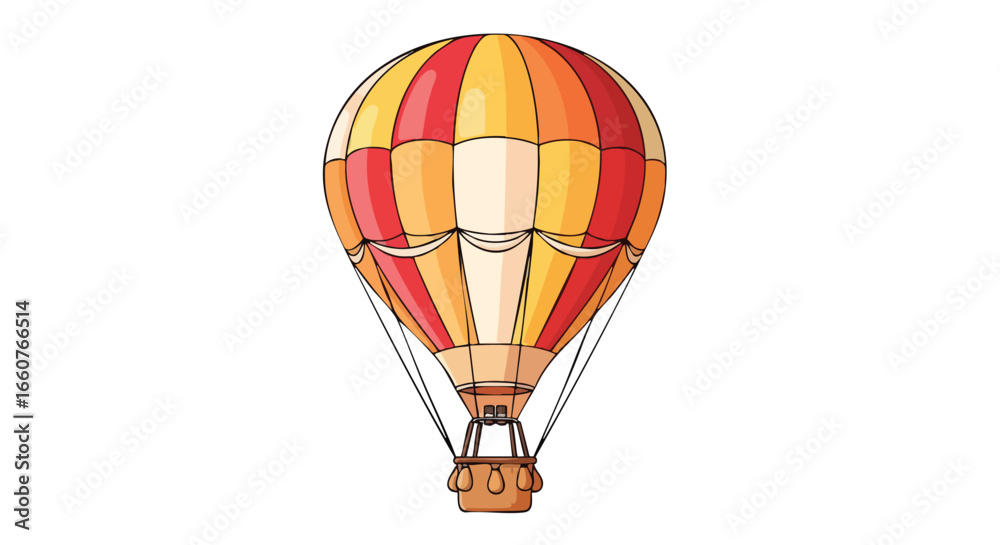 Obraz premium Whimsical illustration of a vibrant hot air balloon against a clean white backdrop featuring a blend of red, orange, and yellow segments