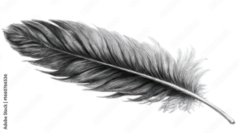Fototapeta premium Realistic monochrome detailed drawing of a fluffy, curved bird feather
