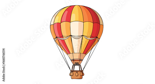 Whimsical illustration of a vibrant hot air balloon against a clean white backdrop featuring a blend of red, orange, and yellow segments