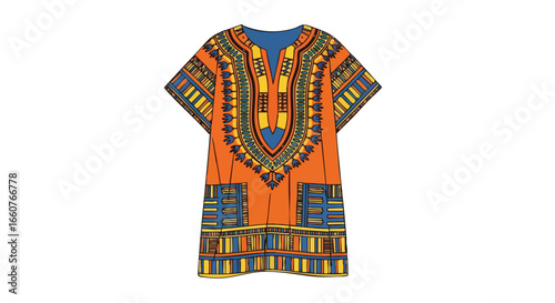 Vibrant dashiki shirt illustration on a white background showcases cultural African designs and colorful textiles demonstrating heritage and style