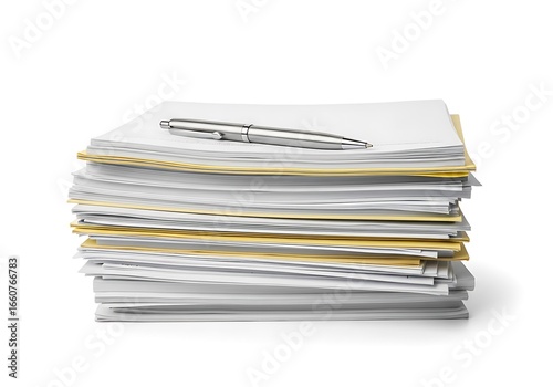 Stack of papers with silver pen depicting office work and documentation overflow