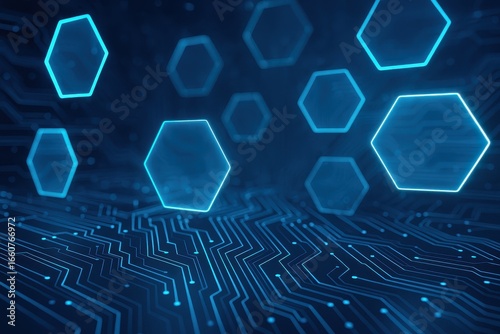 Futuristic holographic interface with floating hexagonal elements and neon circuit patterns
