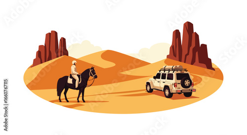 Juxtaposition of Ancient and Modern Transportation in Arid Desert Landscape Setting under Bright Sky