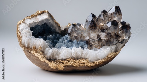 Stunning natural crystal geode featuring sparkling gold edges, blue crystals, and large dark quartz points on a light background.