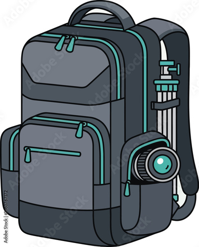 Illustration of a grayCamera Bag Icon Vector  with a tripod and camera lens attached.