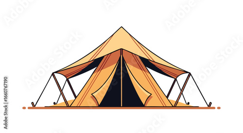 Stylized camping tent illustration, emphasizing outdoor adventure and recreational relaxation with neutral tones and clean line work for visual