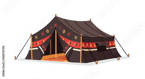 Stylized Tent Illustration with Geometric Patterns and Earthy Tones for Camping or Adventure