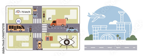 Automated vehicles at a busy AI-managed intersection with traffic sensors. Adjacent modern airport with flying plane. Ideal for mobility, AI, automation, transportation, urban design, technology