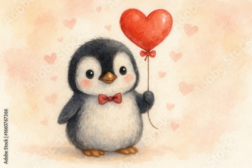 Adorable illustrated baby penguin offering heart-shaped balloon for Valentine's Day