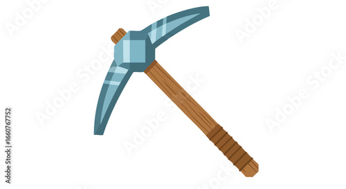 Stylized Pickaxe Illustration with Geometric Design, Wooden Handle, and Mining Tool Aesthetic for Resource Gathering 85 characters