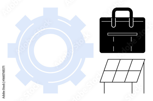 Gear surrounded by briefcase and solar panel, signifying teamwork, business, energy, and progress. Ideal for business operations, sustainability, renewable energy, industry innovation teamwork