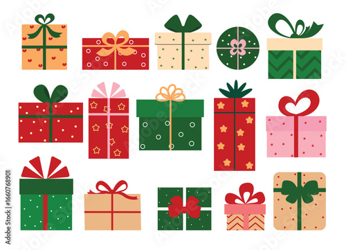Christmas Gift box elements clipart set. Colorful printed and pattern flat Gift boxes elements clip art collection with cute ribbon bow tie style for xmas prize and surprise party decoration vector 
