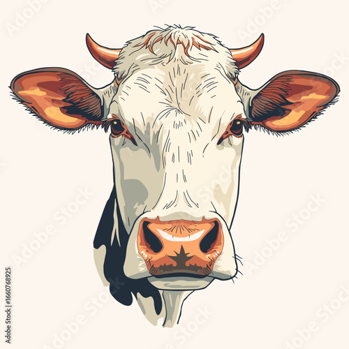 Dairy cow close-up with detailed facial features on a light background  