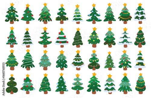 Christmas Tree flat clipart set. Christmas Tree December decoration elements clip art collection with colorful xmas balls and lights decorative ornament for winter season pine tree vector illustration
