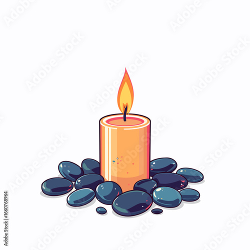 Spa candle on pebbles surrounded by smooth stones in minimalist style  