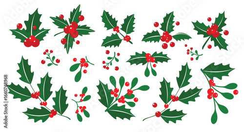 Christmas holly berry clip art set. Mistletoe flat elements clip art collection green and red berries ornaments seasonal decoration in white background Christmas symbol vector illustration.
