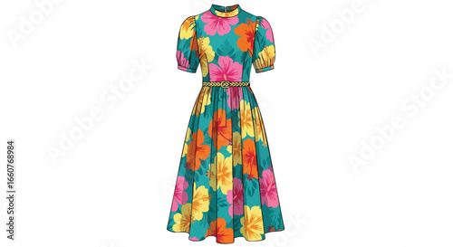 Elegant midi dress with vibrant floral pattern, puff sleeves, and a stylish waist belt emphasizing a harmonious blend of color and style