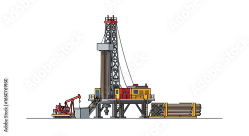 Illustration of an oil drilling rig with pumpjack and pipe storage platform on a white background for design and thematic usage