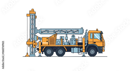 Stylized illustration of a drilling rig vehicle against a plain backdrop, emphasizing its industrial design and engineering apparatus