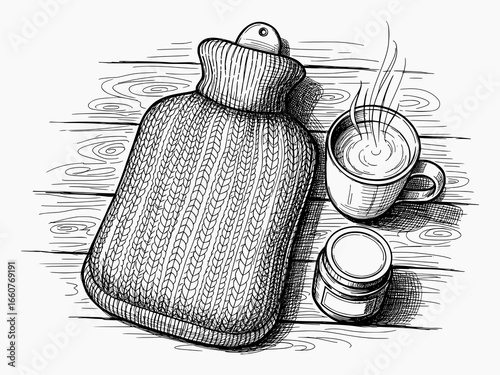 Sketch Hot Water Bottle and Cozy Tea Cup – Rustic Vintage Winter Comfort Scene Illustration