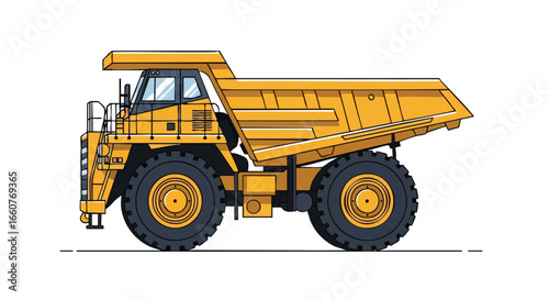 Illustration of a yellow heavy-duty dump truck, highlighting industrial transport design and robust engineering, perfect for transportation themes