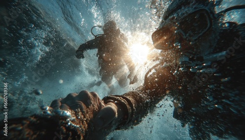Underwater diver sharing oxygen with a tsunami survivor, visible air bubbles and sunlight rays for World Humanitarian Day