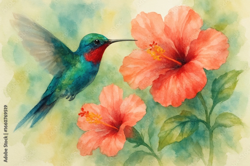 Fototapeta premium Delicate hummingbird hovering near tropical flowers painted in luminous watercolor technique