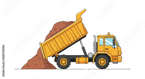 Cartoon illustration of a yellow dump truck unloading soil, conveying construction operations and earthmoving processes with vibrant simplicity and